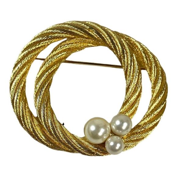 Vtg Signed CHRISTIAN DIOR Woven Rope Gold Tone Faux Pearl Brooch 2.25” Classic